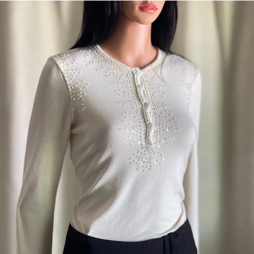 Vtg Y2K Georgiou Studio Cream Beaded Sequin Henley Knit Top Long Sleeve Small